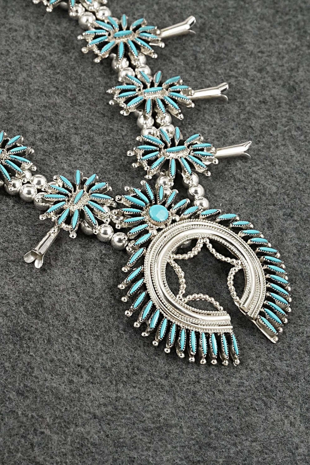 Squash Blossom Necklace by Gerald Etsate – Zuni Needlepoint Turquoise - Image 3