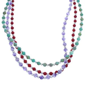 3-Strand Multicolor American Indian Silver Bead Necklace