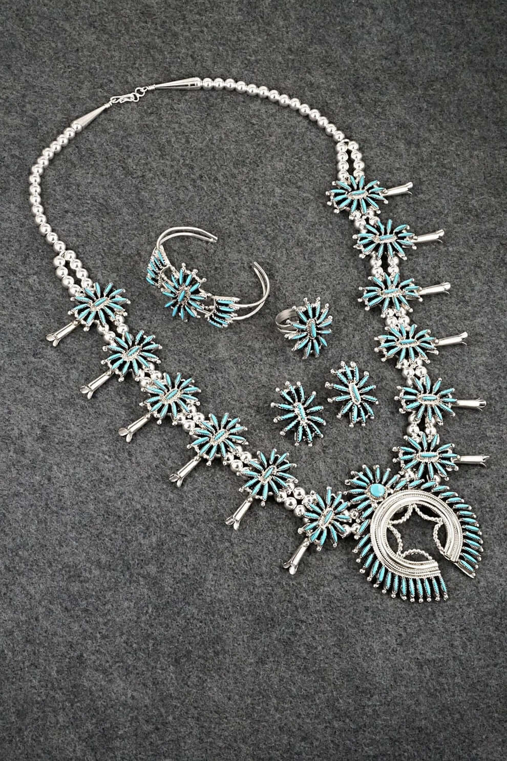 Squash Blossom Necklace by Gerald Etsate – Zuni Needlepoint Turquoise - Image 2