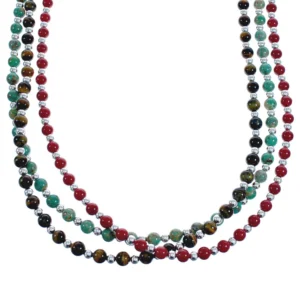 3-Strand Multicolor Silver Bead American Indian Necklace