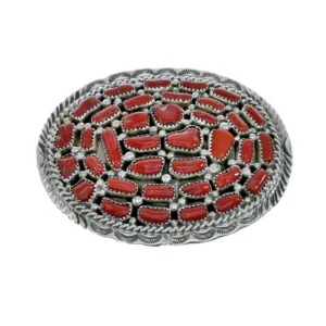 American Indian Coral Sterling Silver Belt Buckle