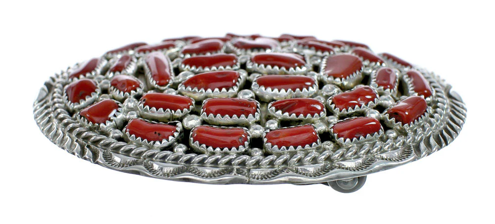 American Indian Coral Sterling Silver Belt Buckle - Image 2