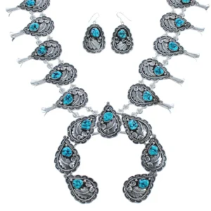 American Indian Genuine Sterling Silver Leaf Turquoise Squash Blossom Necklace Set