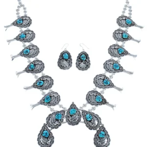 American Indian Genuine Sterling Silver Leaf Turquoise Squash Blossom Necklace Set