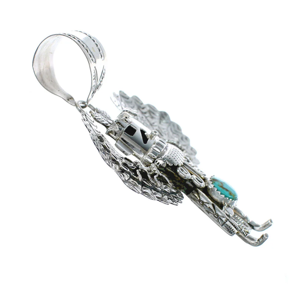 Authentic Navajo Eagle Kachina Figure Turquoise Sterling Silver Pendant - Image 2