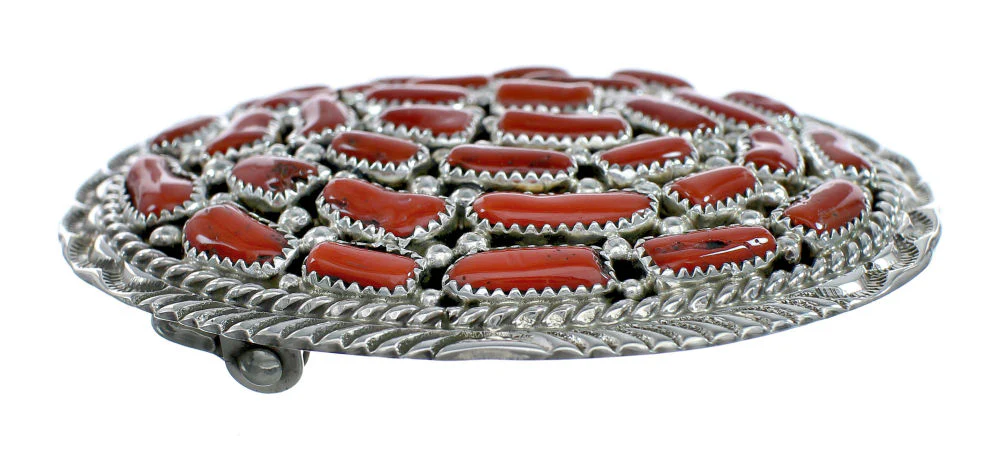 Coral American Indian Sterling Silver Belt Buckle - Image 2