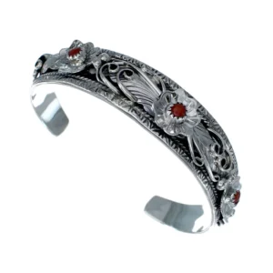 Flower Red Coral and Sterling Silver Navajo Cuff Bracelet