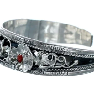 Flower Red Coral and Sterling Silver Navajo Cuff Bracelet
