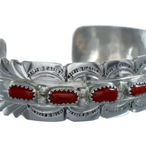 Genuine Coral Sterling Silver Navajo Cuff Bracelet