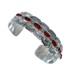 Genuine Coral Sterling Silver Navajo Cuff Bracelet