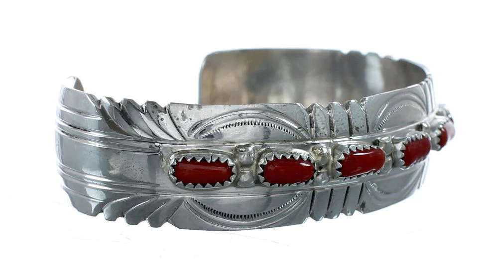 Genuine Navajo Coral Sterling Silver Cuff Bracelet - Image 2