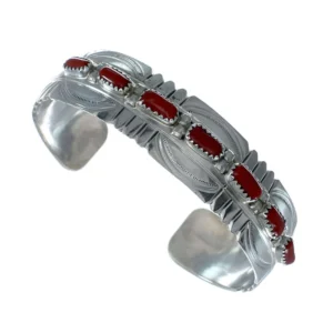 Genuine Navajo Coral Sterling Silver Cuff Bracelet