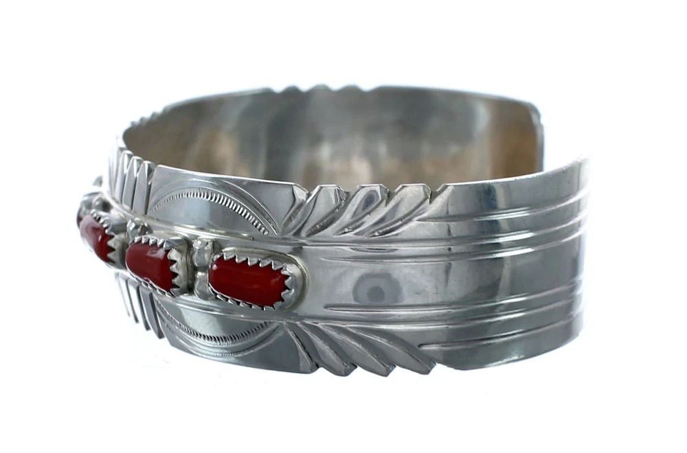 Genuine Navajo Coral Sterling Silver Cuff Bracelet - Image 3