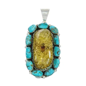 Genuine Navajo Amber Sterling Silver Turquoise Pendant