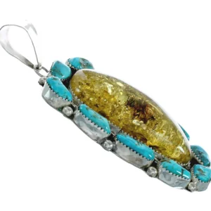 Genuine Navajo Amber Sterling Silver Turquoise Pendant