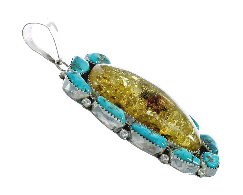 Genuine Navajo Amber Sterling Silver Turquoise Pendant - Image 2