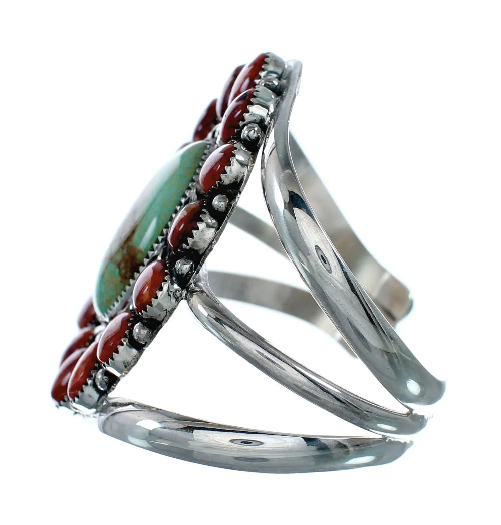 Genuine Navajo Turquoise and Oyster Shell Sterling Silver Cuff Bracelet - Image 3