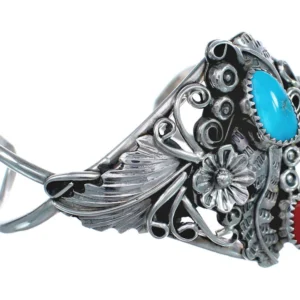 Genuine Sterling Silver Flower And Leaf Navajo Turquoise Coral Cuff Bracelet