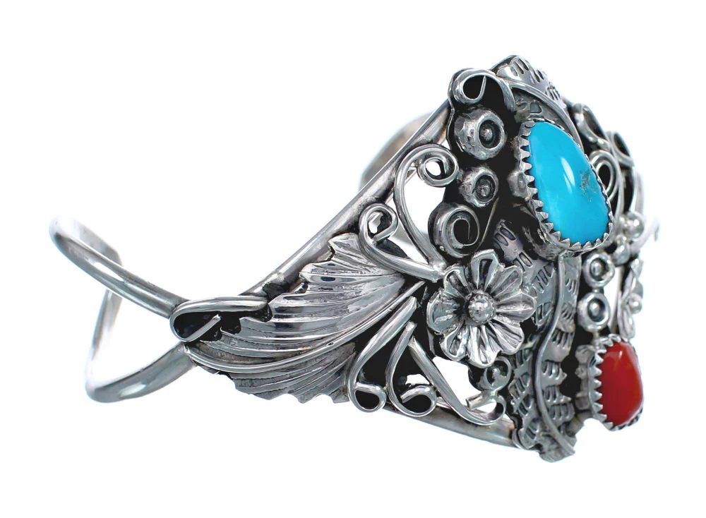 Genuine Sterling Silver Flower And Leaf Navajo Turquoise Coral Cuff Bracelet - Image 2