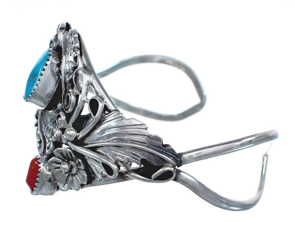 Genuine Sterling Silver Flower And Leaf Navajo Turquoise Coral Cuff Bracelet - Image 3