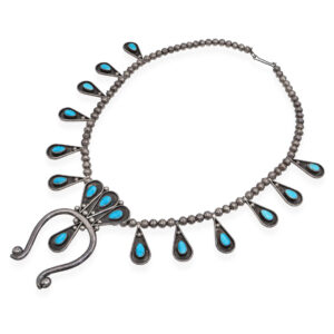 Vintage Sterling Silver Squash Blossom Necklace with Turquoise – 25″ Navajo-Style Statement Piece