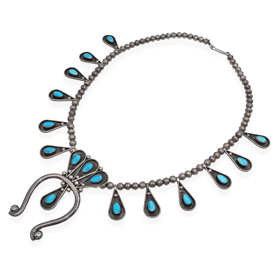 Vintage Sterling Silver Squash Blossom Necklace with Turquoise – 25" Navajo-Style Statement Piece - Image 2