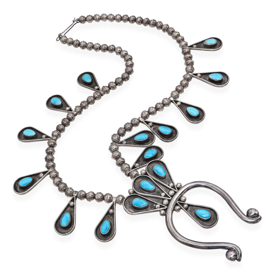 Vintage Sterling Silver Squash Blossom Necklace with Turquoise – 25" Navajo-Style Statement Piece - Image 3