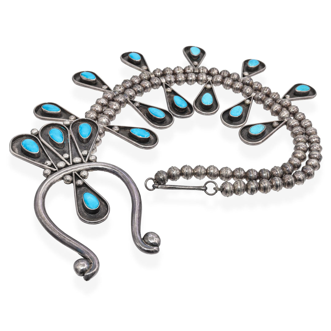 Vintage Sterling Silver Squash Blossom Necklace with Turquoise – 25" Navajo-Style Statement Piece