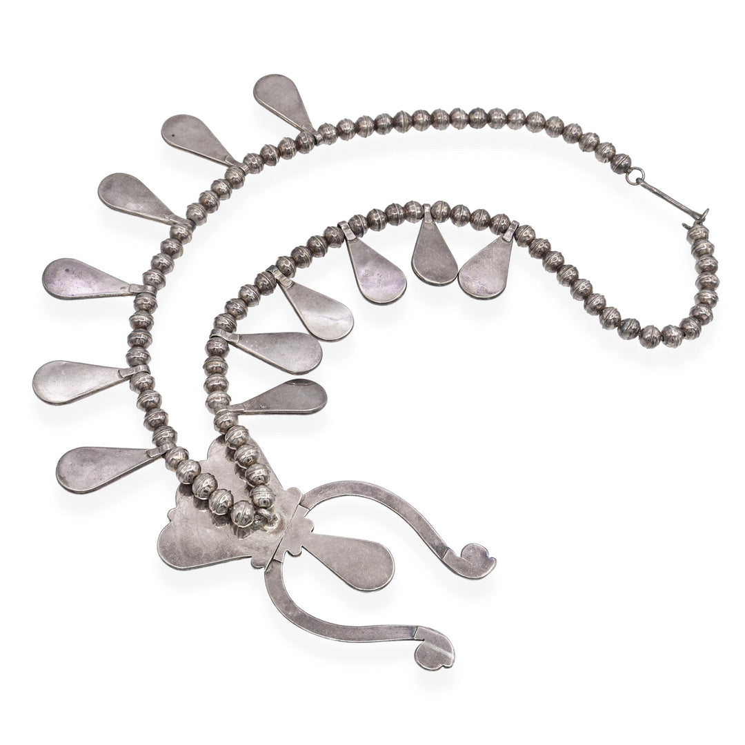 Vintage Sterling Silver Squash Blossom Necklace with Turquoise – 25" Navajo-Style Statement Piece - Image 5