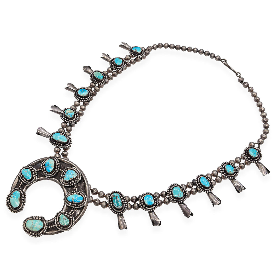 Vintage Squash Blossom Necklace | 268g Sterling Silver Turquoise Pendant – 27.5" Statement Jewelry - Image 4