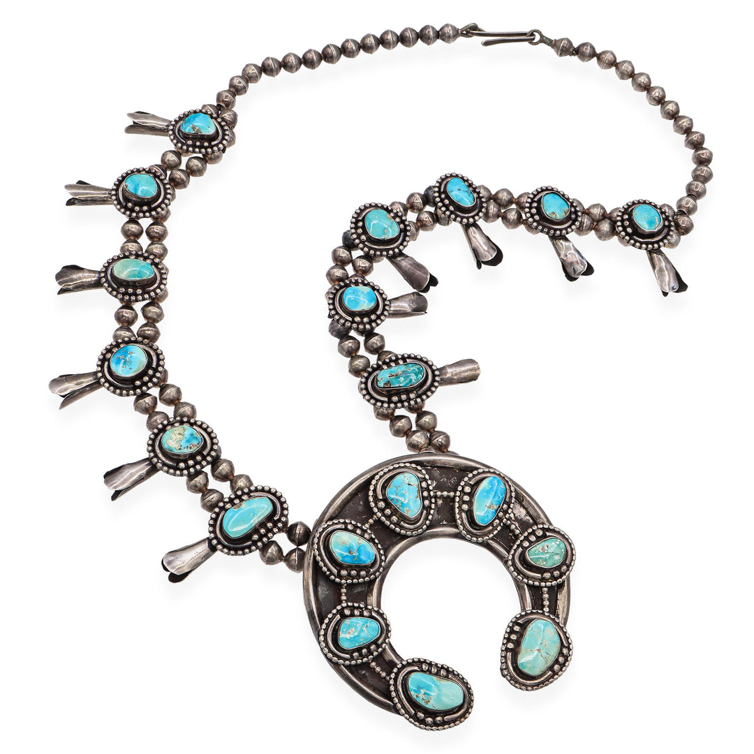 Vintage Squash Blossom Necklace | 268g Sterling Silver Turquoise Pendant – 27.5" Statement Jewelry - Image 3