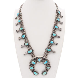 Vintage Squash Blossom Necklace | 268g Sterling Silver Turquoise Pendant – 27.5″ Statement Jewelry