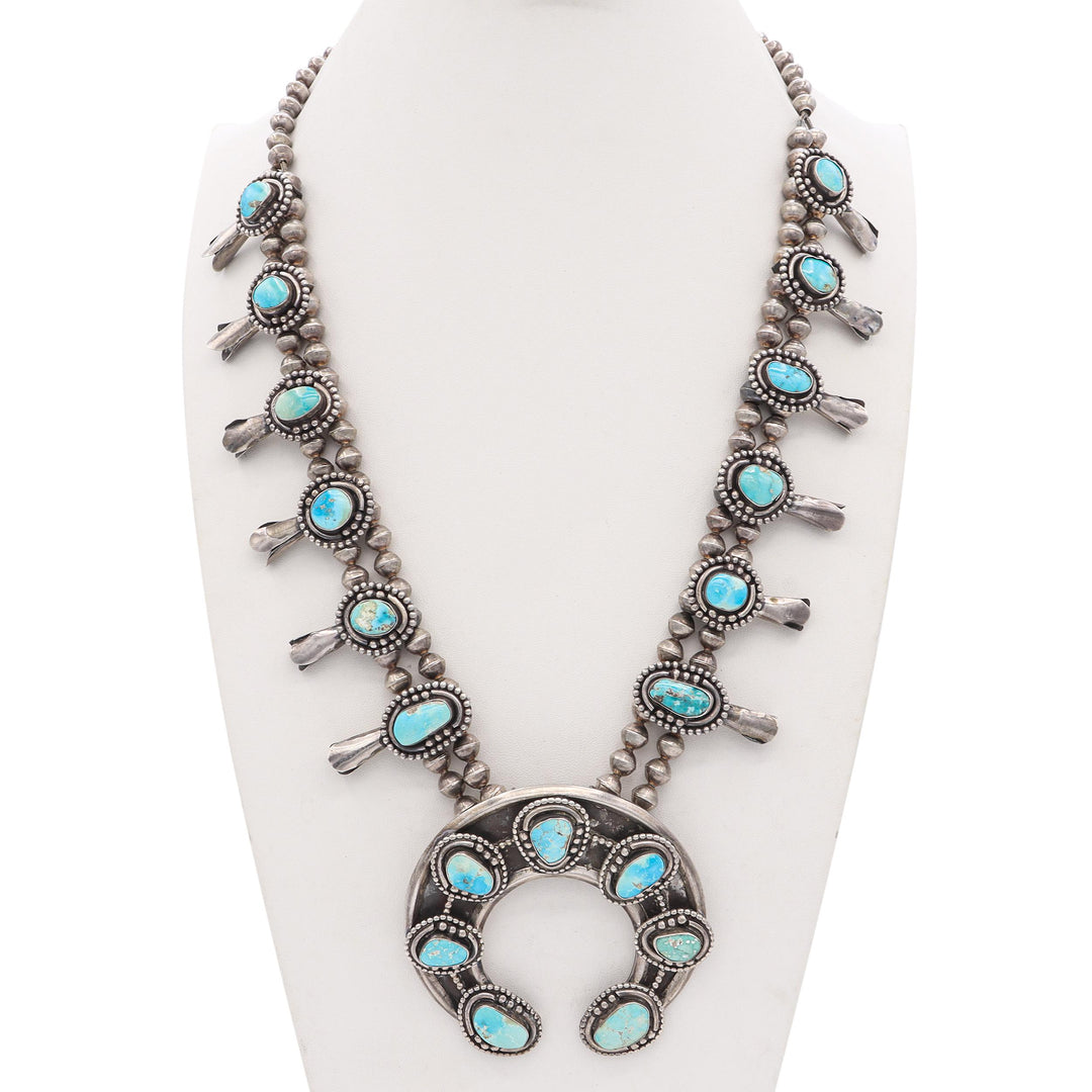 Vintage Squash Blossom Necklace | 268g Sterling Silver Turquoise Pendant – 27.5" Statement Jewelry