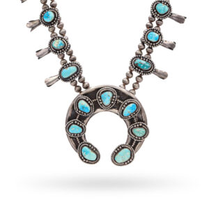 Vintage Squash Blossom Necklace | 268g Sterling Silver Turquoise Pendant – 27.5″ Statement Jewelry