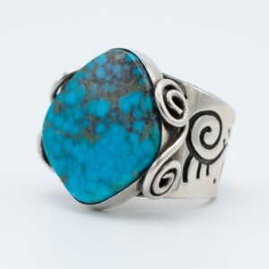 Masterpiece Kingman Turquoise Ring by Navajo artist Bryant Martinez - large natural turquoise stone with bird’s eye pattern in detailed sterling silver setting, size 11