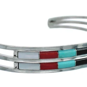 Multicolor Inlay Genuine Sterling Silver Zuni Cuff Bracelet