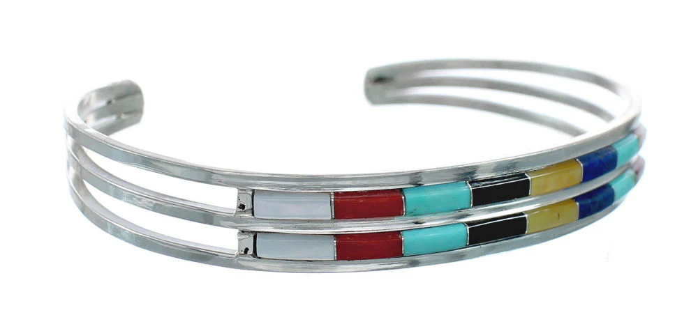 Multicolor Inlay Genuine Sterling Silver Zuni Cuff Bracelet - Image 2
