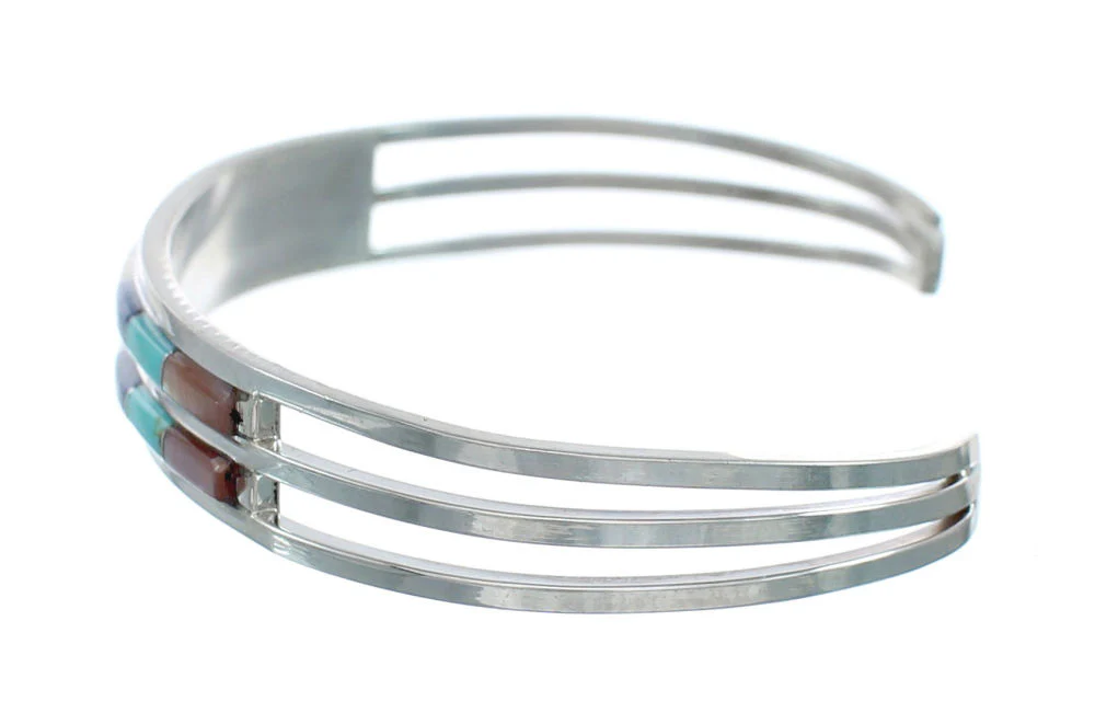 Multicolor Inlay Genuine Sterling Silver Zuni Cuff Bracelet - Image 3