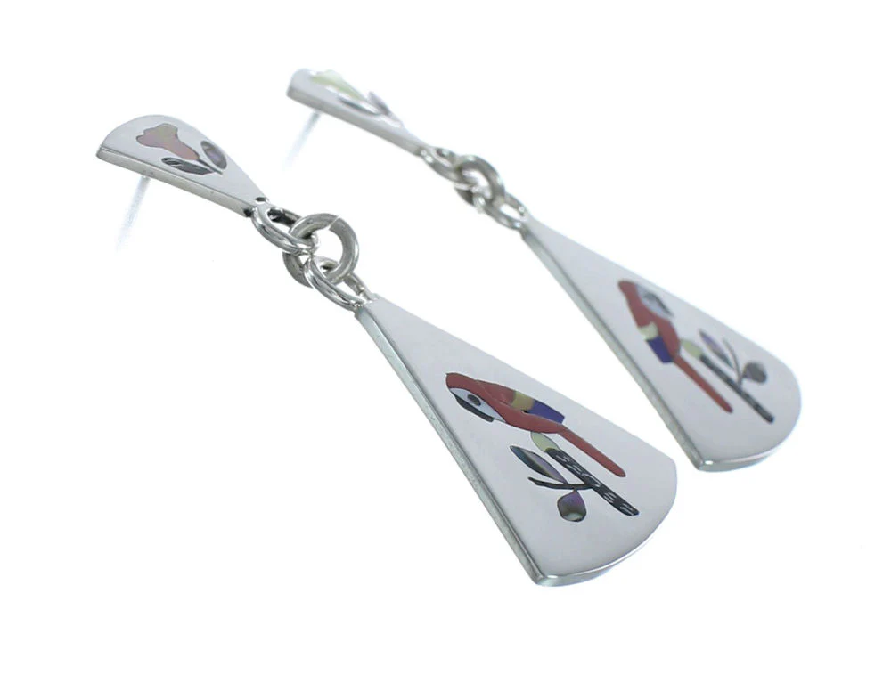 Multicolor Inlay Parrot Genuine Sterling Silver Zuni Earrings - Image 2