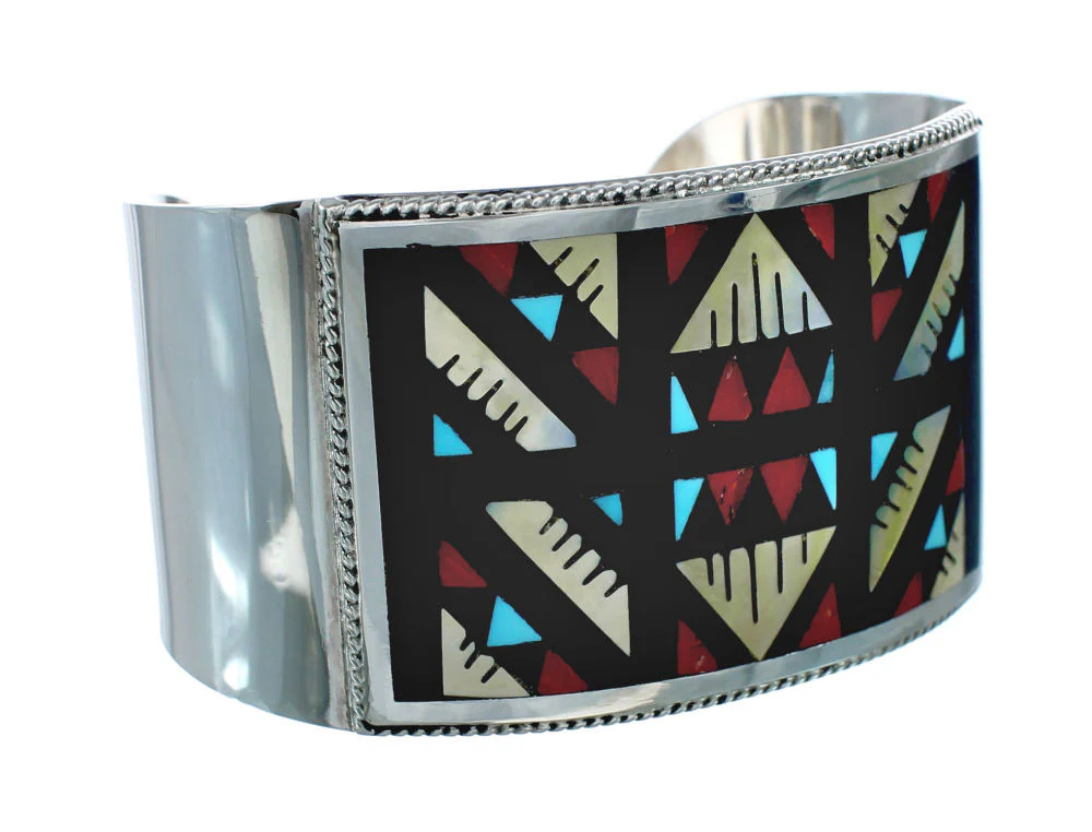 Multicolor Inlay Sterling Zuni Silver Cuff Bracelet - Image 2