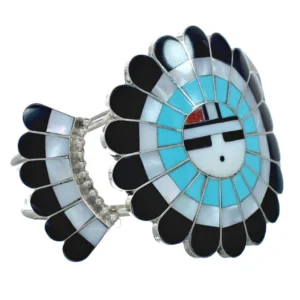 Multicolor Inlay Zuni Sun Sterling Silver Cuff Bracelet