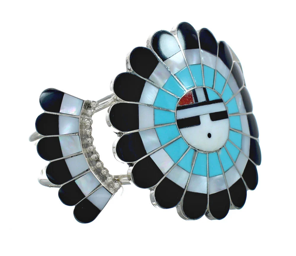 Multicolor Inlay Zuni Sun Sterling Silver Cuff Bracelet - Image 2