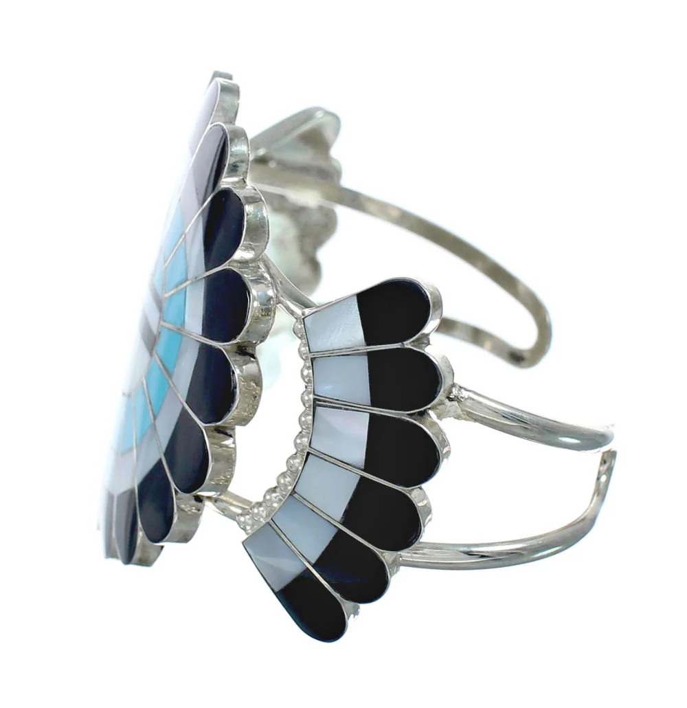 Multicolor Inlay Zuni Sun Sterling Silver Cuff Bracelet - Image 3