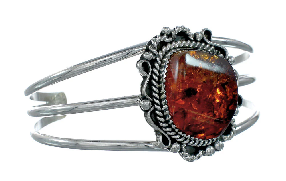 Native American Navajo Amber Sterling Silver Cuff Bracelet - Image 2
