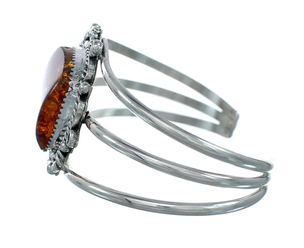 Native American Navajo Amber Sterling Silver Cuff Bracelet - Image 3