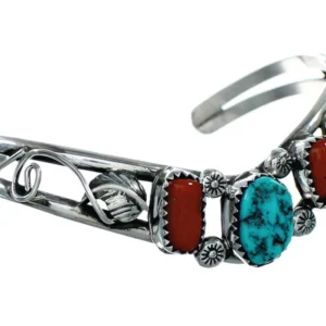 Native American Navajo Turquoise And Coral Sterling Silver Cuff Bracelet