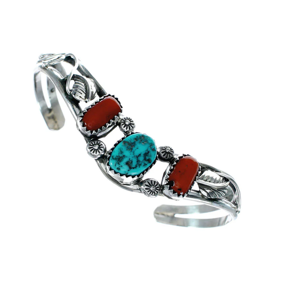 Native American Navajo Turquoise And Coral Sterling Silver Cuff Bracelet - Image 2