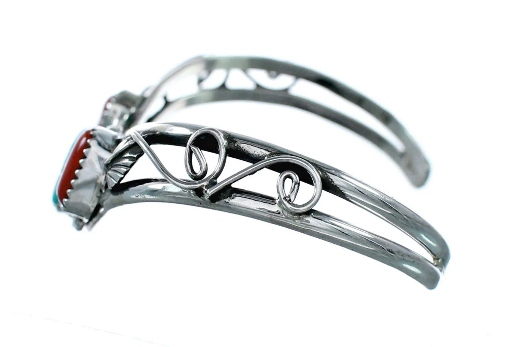 Native American Navajo Turquoise And Coral Sterling Silver Cuff Bracelet - Image 4