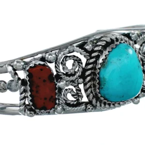 Native American Turquoise And Coral Sterling Silver Navajo Cuff Bracelet