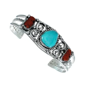 Native American Turquoise And Coral Sterling Silver Navajo Cuff Bracelet
